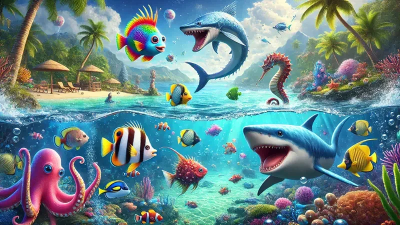 Ilustrasi permainan tembak ikan dengan target di layar